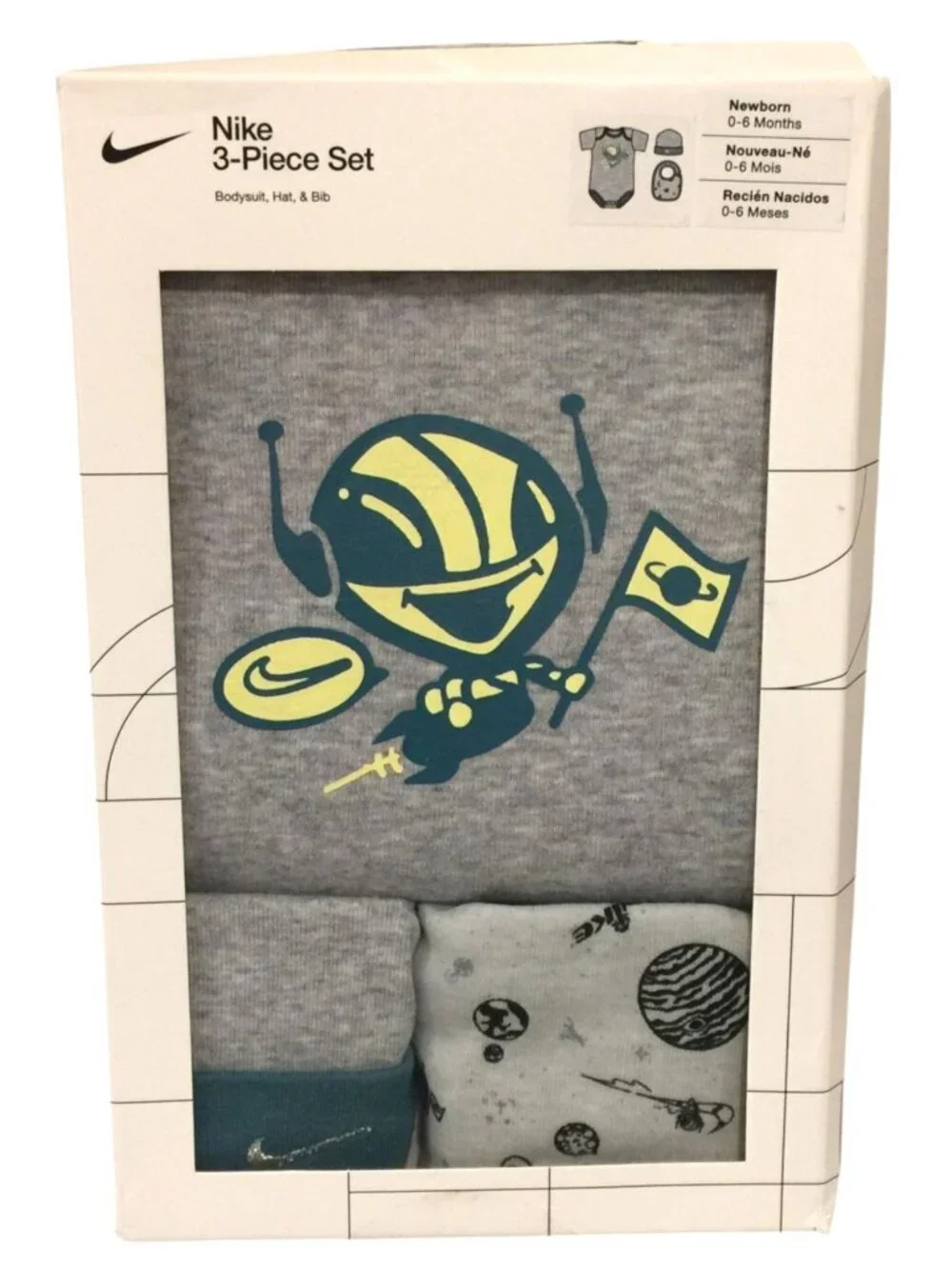 NIKE 3 Piece Space Boy Newborn 0-6 Months Hat Bib Bodysuit